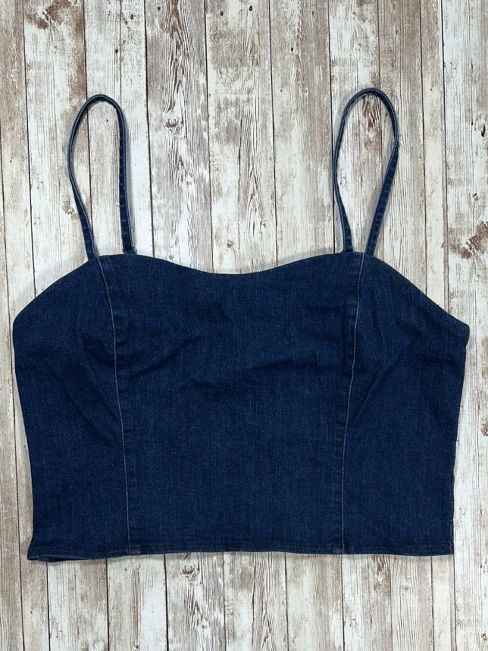 NWOT Belle Vere Denim Crop Top Women sz Large Dark Blue Strappy Stretchy Cotton
